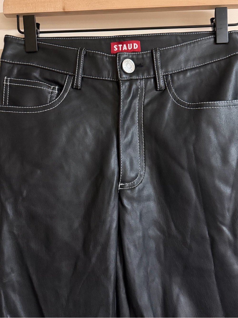 Staud Faux Leather Jeans w Contrast Stitching Size 0 - Picture 3 of 8